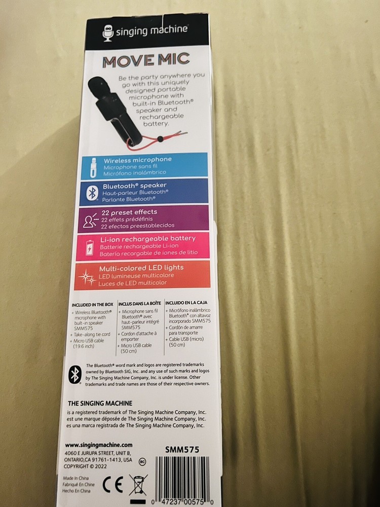 Singing Machine Move Microphone w/ Lighting Effects~Bluetooth~Mic & Speaker~New!