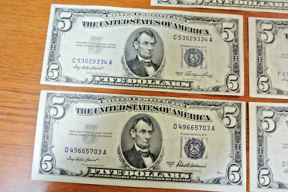 FIVE 1953 $5 US Silver Certificate Higher Grade Uncertified