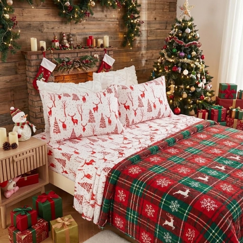 Christmas Sheets Queen, Soft Brushed Microfiber Bed Sheet Set, 16 Inches Deep...