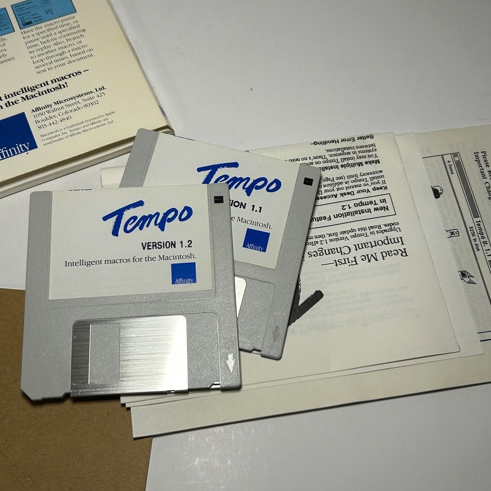 Tempo v 1.1 1.2 for Macintosh Affinity Software 3.5" Floppy Disk 1986
