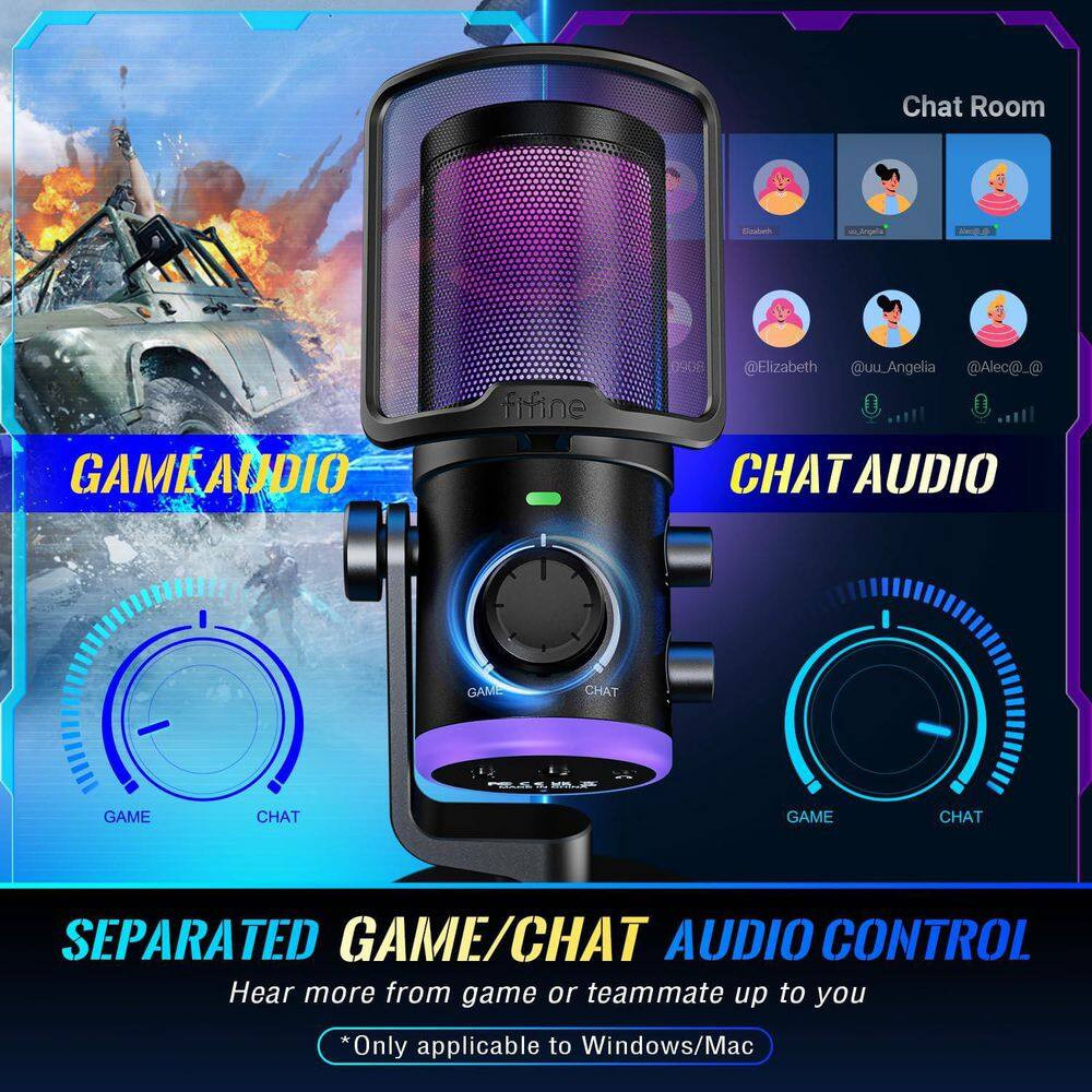 Gaming PC Microphone, USB Streaming Microphone with Game Chat Balance, Computer