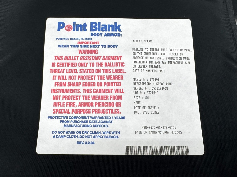 NEW Point Blank Level IIIA BALCS SPEAR Soft Body Armor Inserts SMALL
