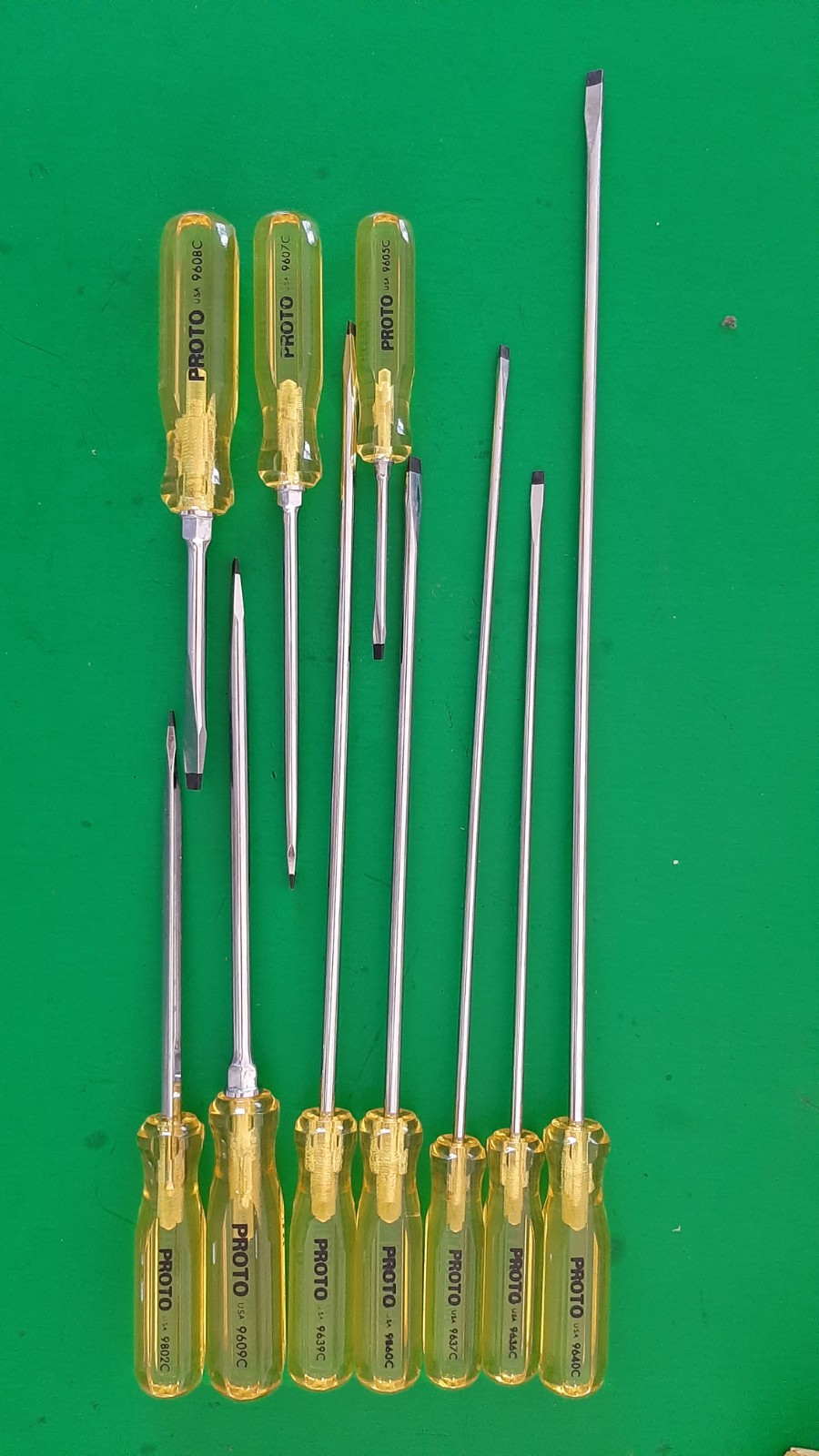 NOS NEW PROTO USA 10 Piece Clear Yellow Handle Screwdriver Set Flat Tip Slotted