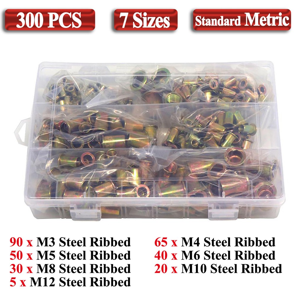 300Pcs Rivet Nuts M3 - M12 Carbon Steel Rivnut Insert Nutsert Threaded Flat Head