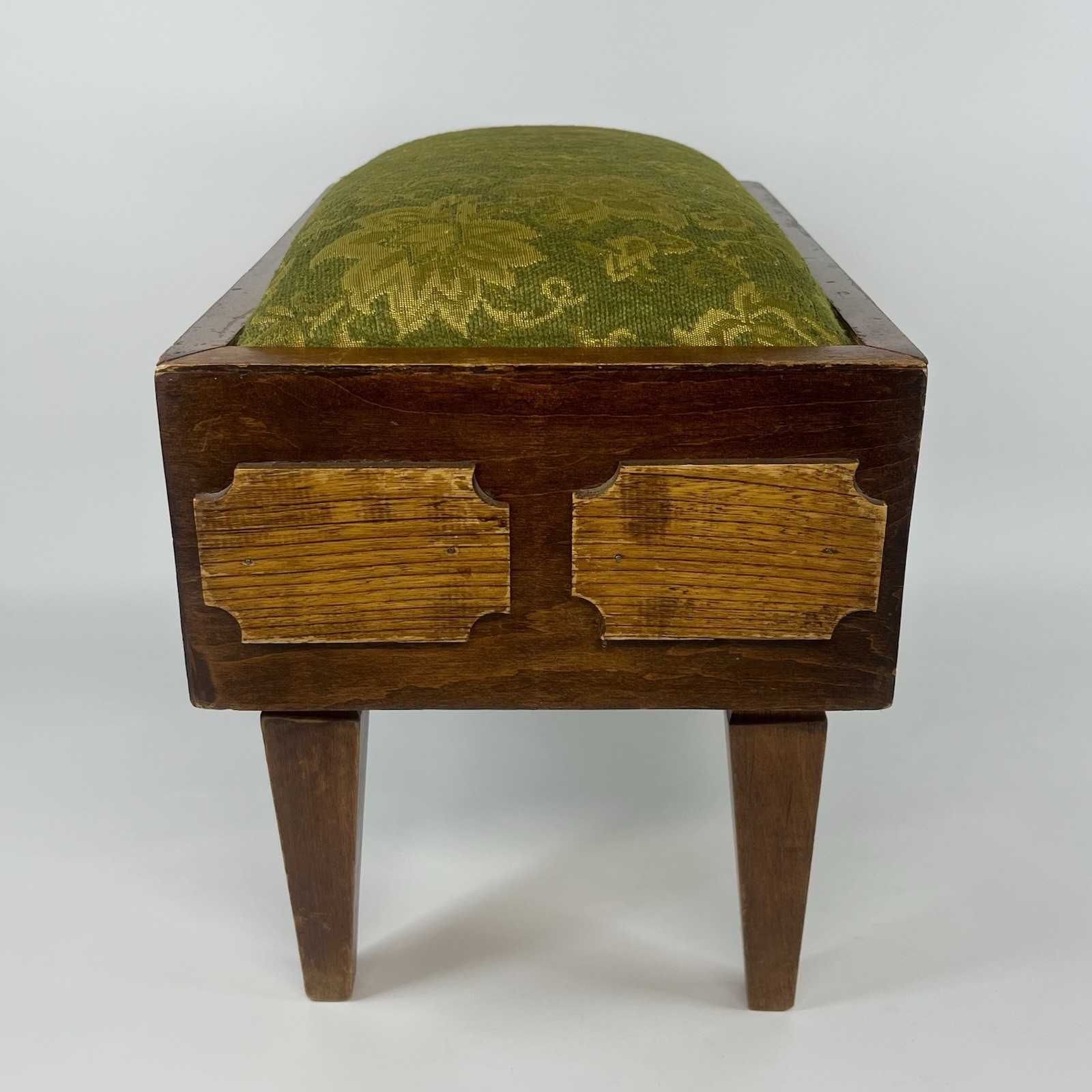 Antique Mission Style Arts & Crafts Wood Foot Stool w/ Green Damask Fabric Top