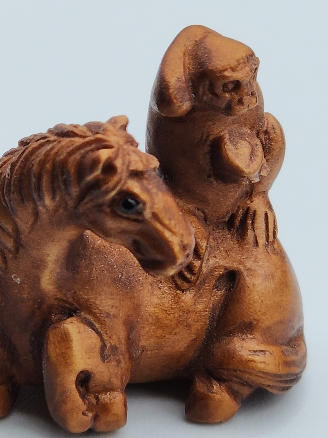 Ojime Bead? Carved Wood Monkey on Horse 2.5 cm Wide x 2.5 cm Tall Signed