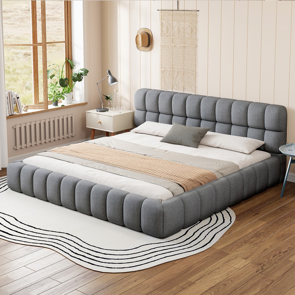 King Upholstered Platform Bed w/ Solid Wood Frame, Gray Linen, 2000lbs Support
