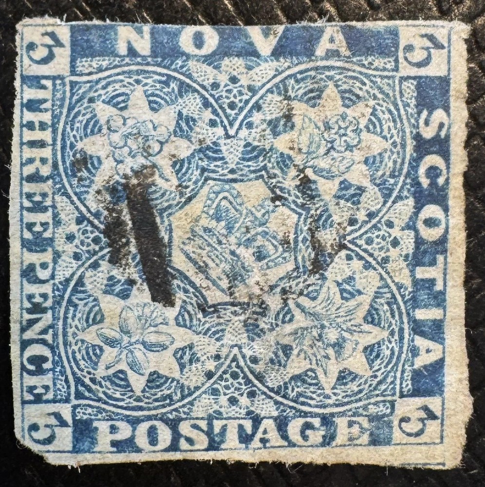 BroadviewStamps Canada Nova Scotia #2 blue 3d Pence issue thin.