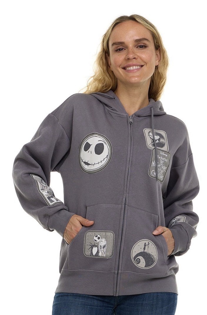 Nightmare Before Christmas Jack Sally Zip Hoodie Patch Jacket Sweatshirt L NWT