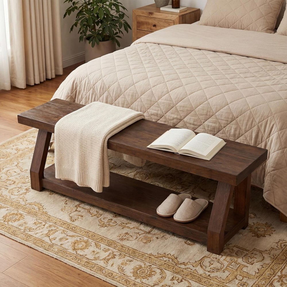 63" Solid Wood Bench, Rustic 2-Tier Entryway Bench with Shoe Storage for Hallway