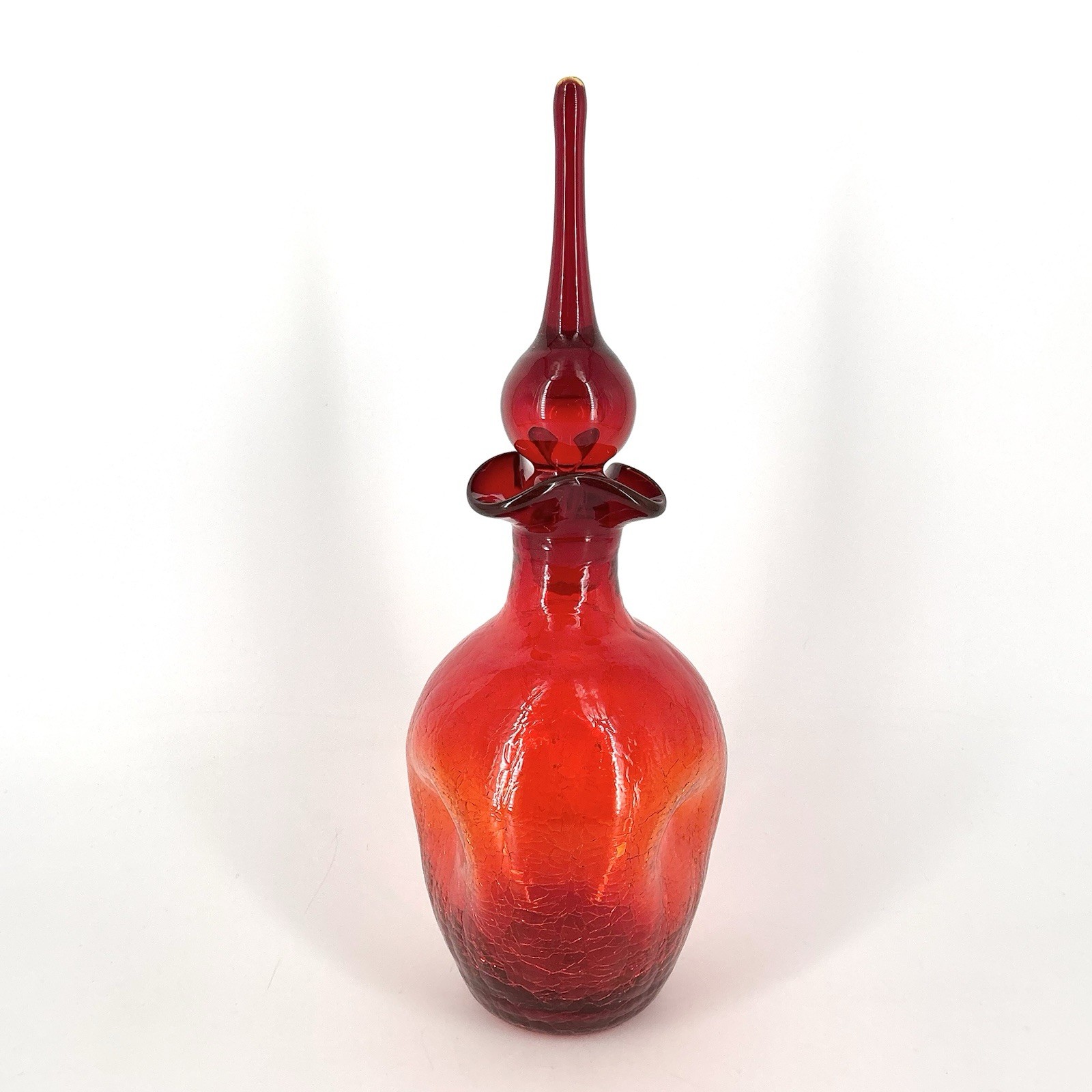 Vintage Rainbow Crackle Glass Decanter With Flame Stopper Pinched Amberina Red