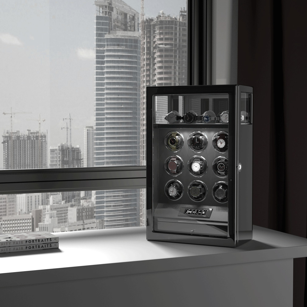 Fingerprint Automatic 9 Watch Winder LCD Display Case with 4 Watch Holders Box