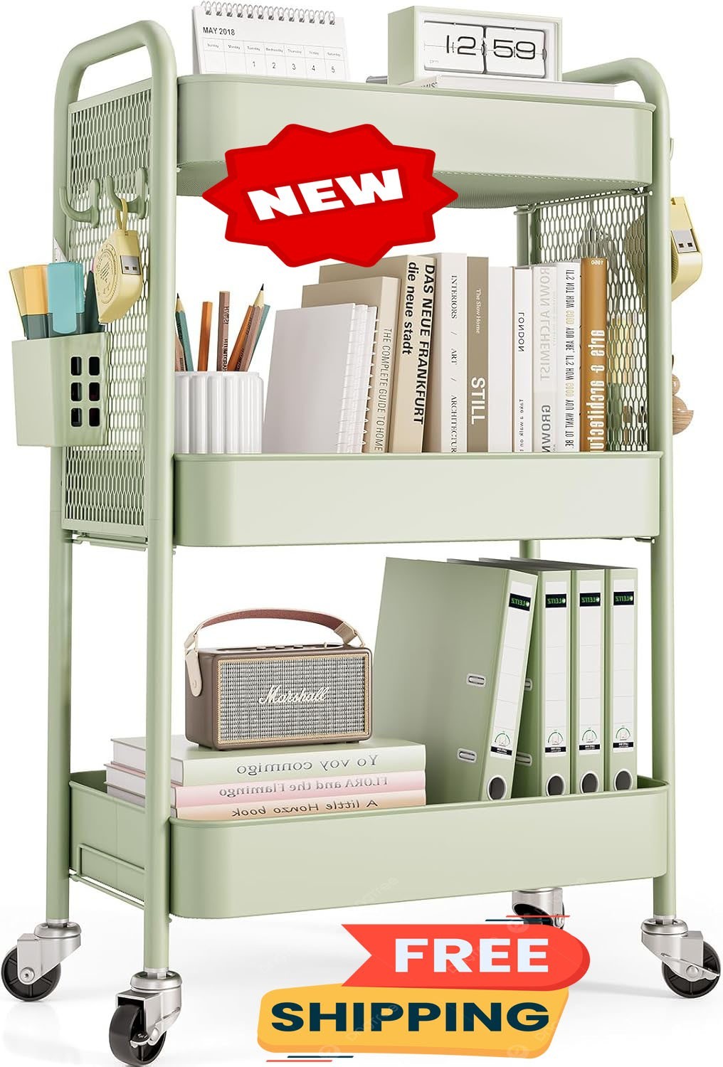 Organizador de almacenamiento con ruedas de 3 niveles, carrito metálico con rued