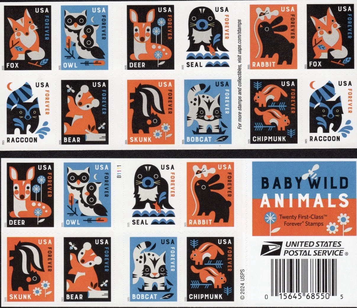 2025 USPS SHEET OF 20 FIRST CLASS LETTER STAMPS BABY WILD ANIMALS 78¢