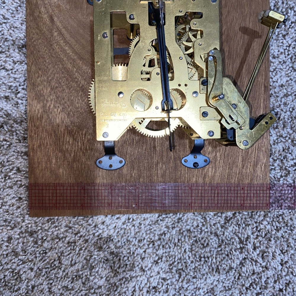 Jouch PL42 1973 Clock Chime Movement W/ Pendulum, Mount, Clock Hands, Wind WORKS