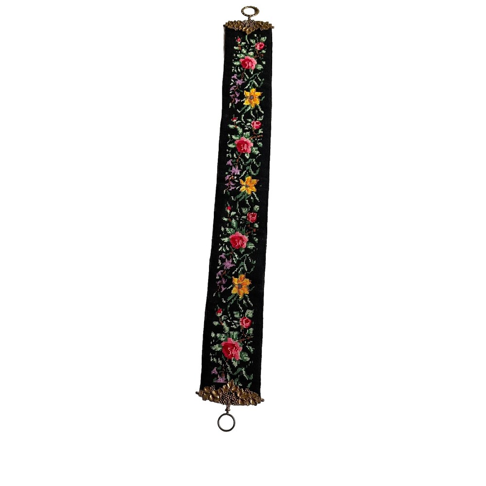 Vintage Black Needlepoint Flowers Bell Pull 42" With Brass Hardware
