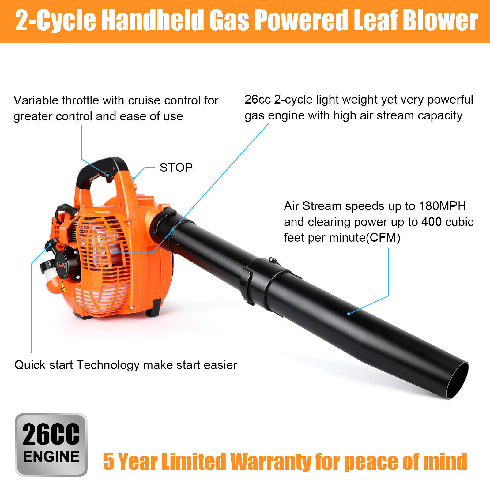 Handheld Leaf Blower Gas Powered 2-Stroke Commercial Heavy Duty Grass Yard Clean