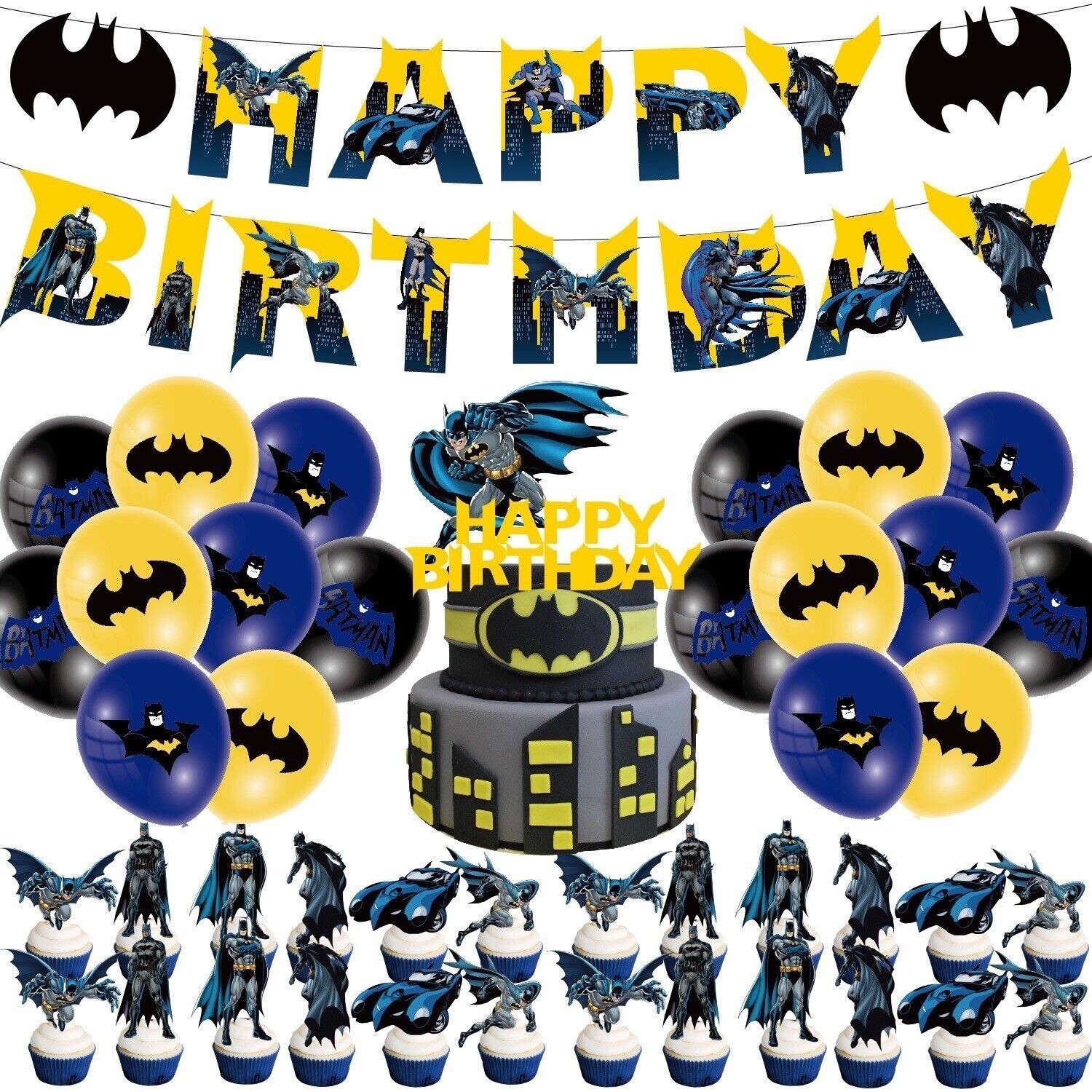 Batman Birthday Party Decoration Set with Banner Balloon Cake Topper
