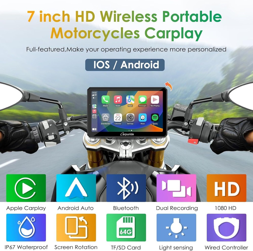 Carpuride W712D Carplay Android Auto Wired Controlle Waterproof Touchscreen GPS
