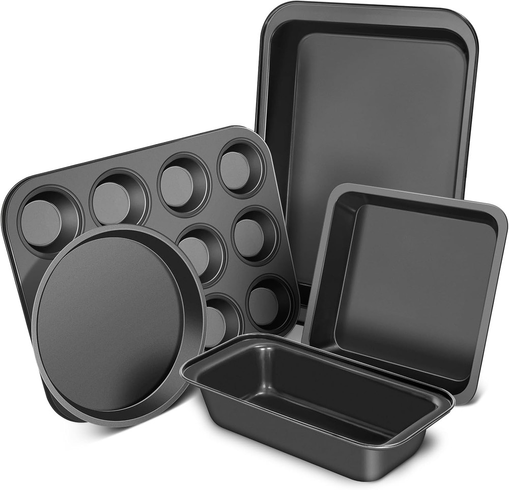 Baking Pans Set, 5-Piece Nonstick Bakeware Sets with Round/Square Cake Pan, Muff
