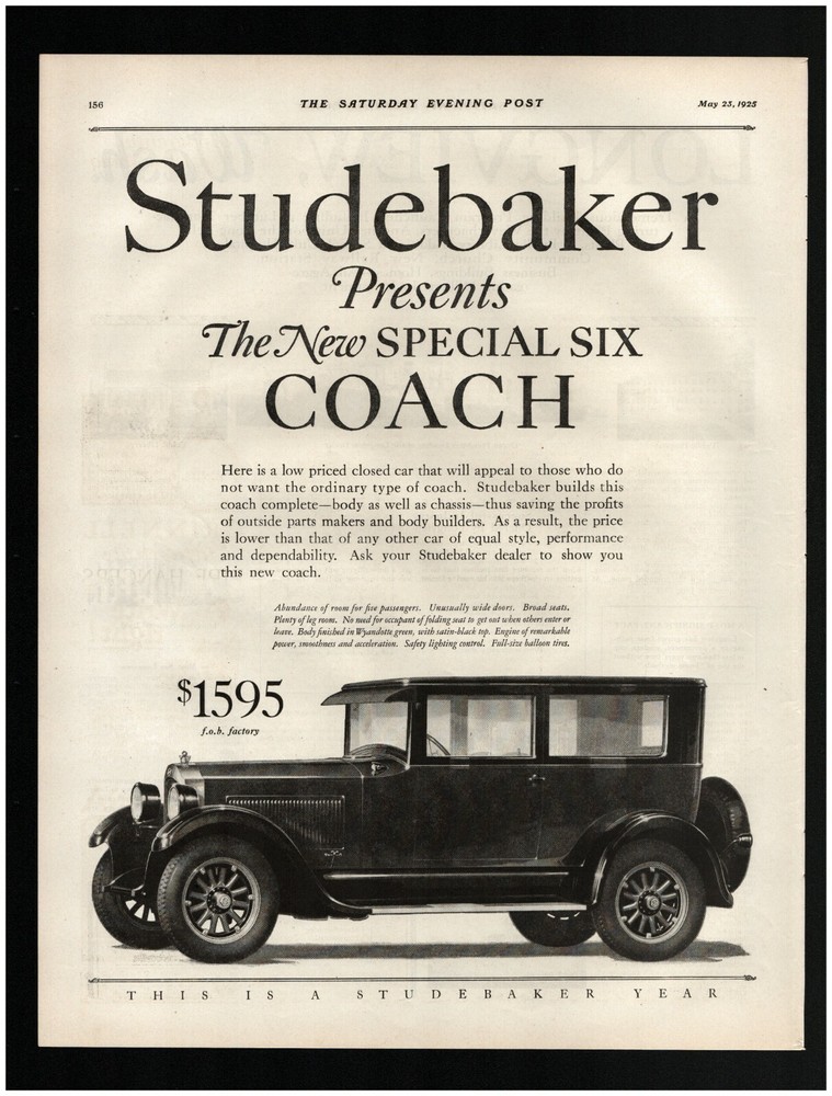 1925 Studebaker Special Six Coach Original Print Ad ~ car