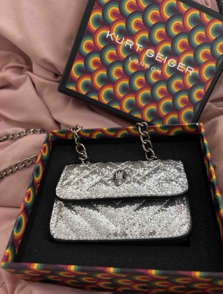 Silver Sequin Shoulder Bag Chain Strap w/ Original Box Solid