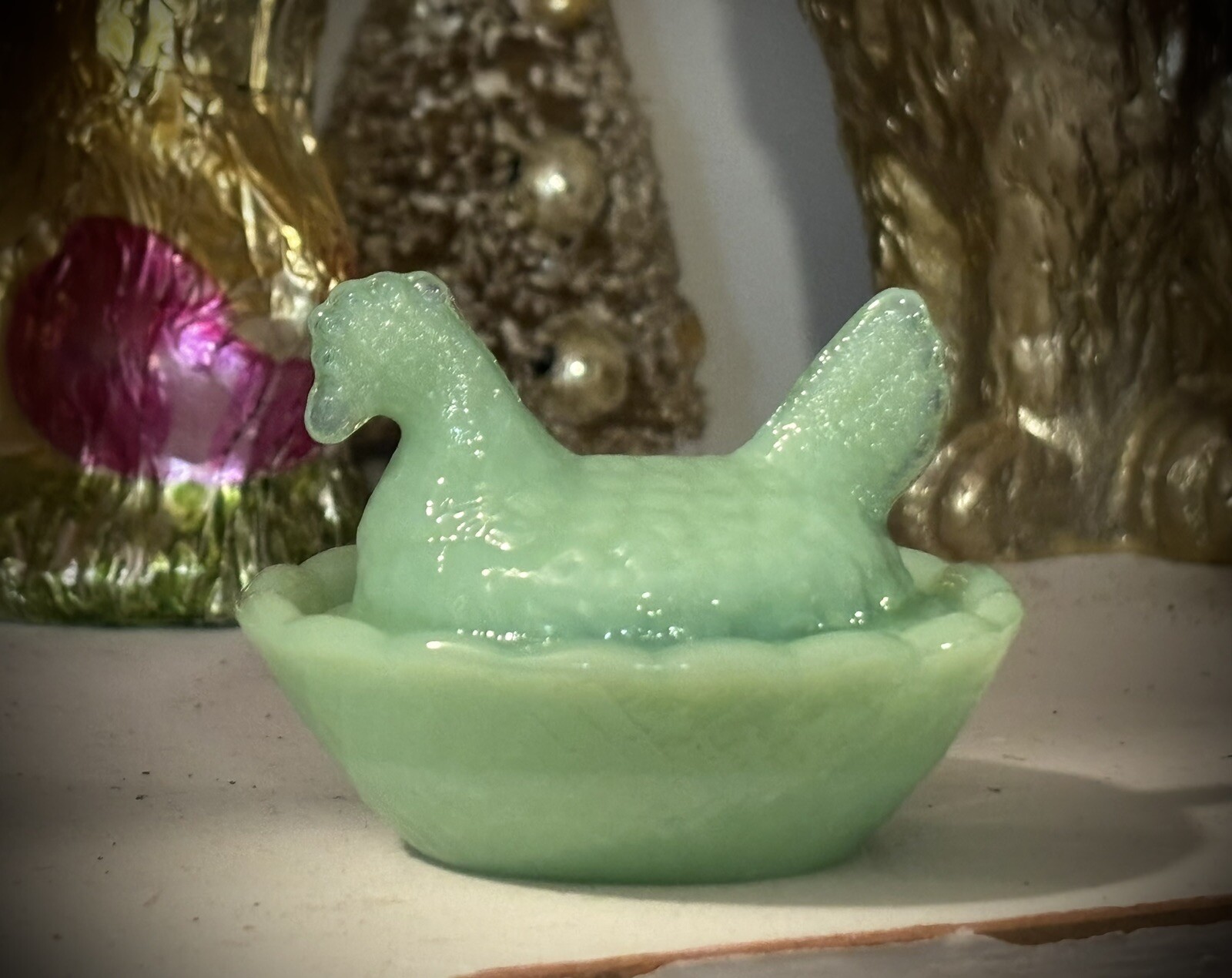 TINY Jadeite Green Glass Chicken Hen on Nest set only 2 1/2" EXC COND