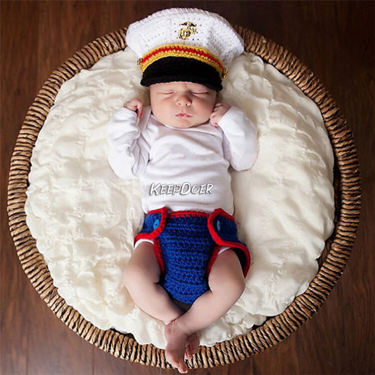 Newborn Baby Boy Knit Clothing Marine Corps Hat Crochet Photography Studio Props