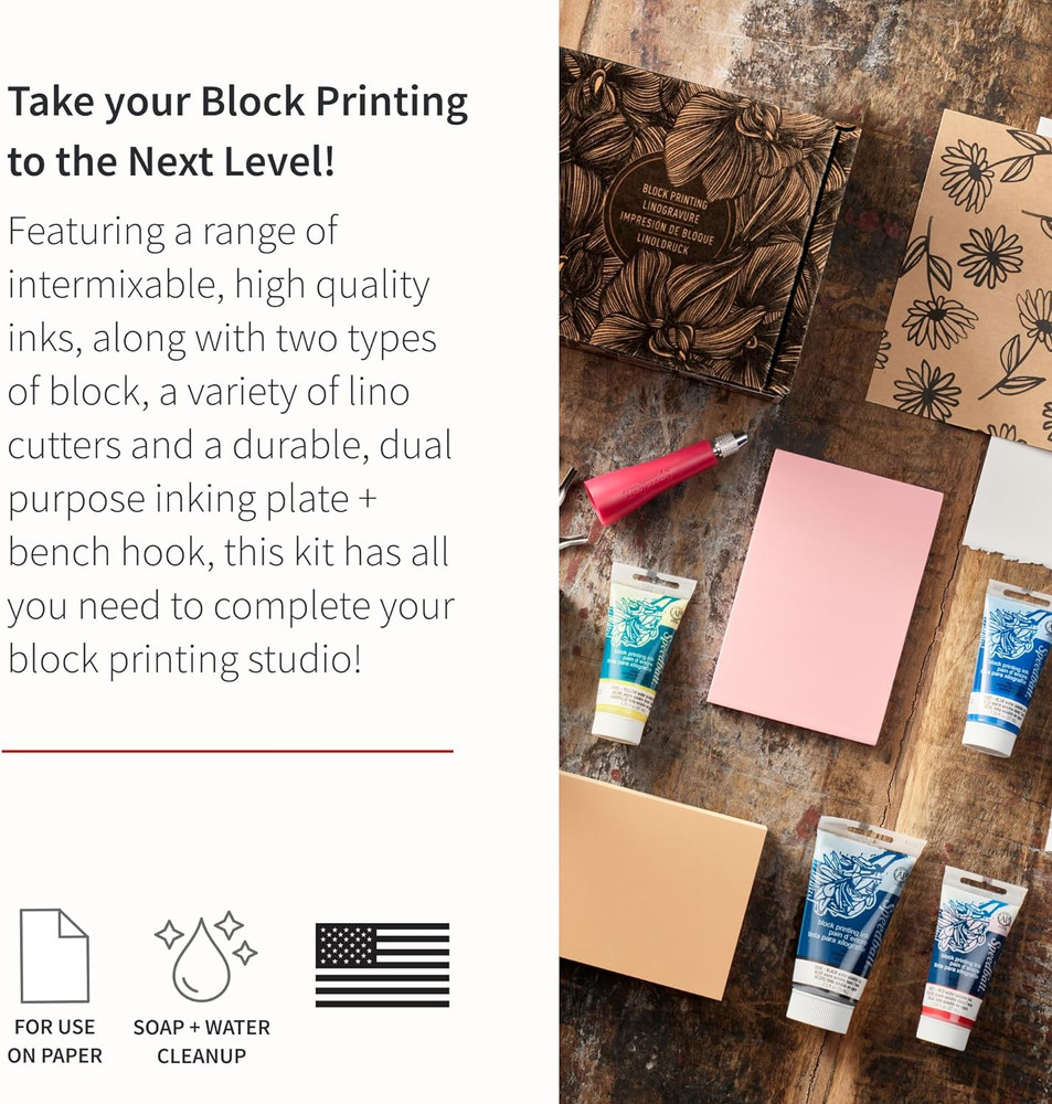 Speedball Deluxe Block Printing Kit - Includes Inks, Brayer, Bench Hook, Lino Ha