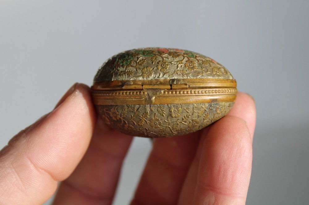 Antique 19th Century Painted Brass Egg Chatelaine Thimble Case w/ (2) Thimbles