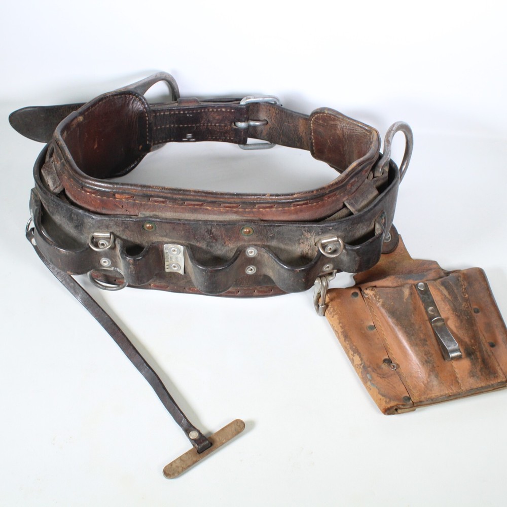 W.M. BASHLIN CO. LEATHER FLORIDIAN 2 D-RING CLIMBING TOOL BELT SIZE D21, CODE 5
