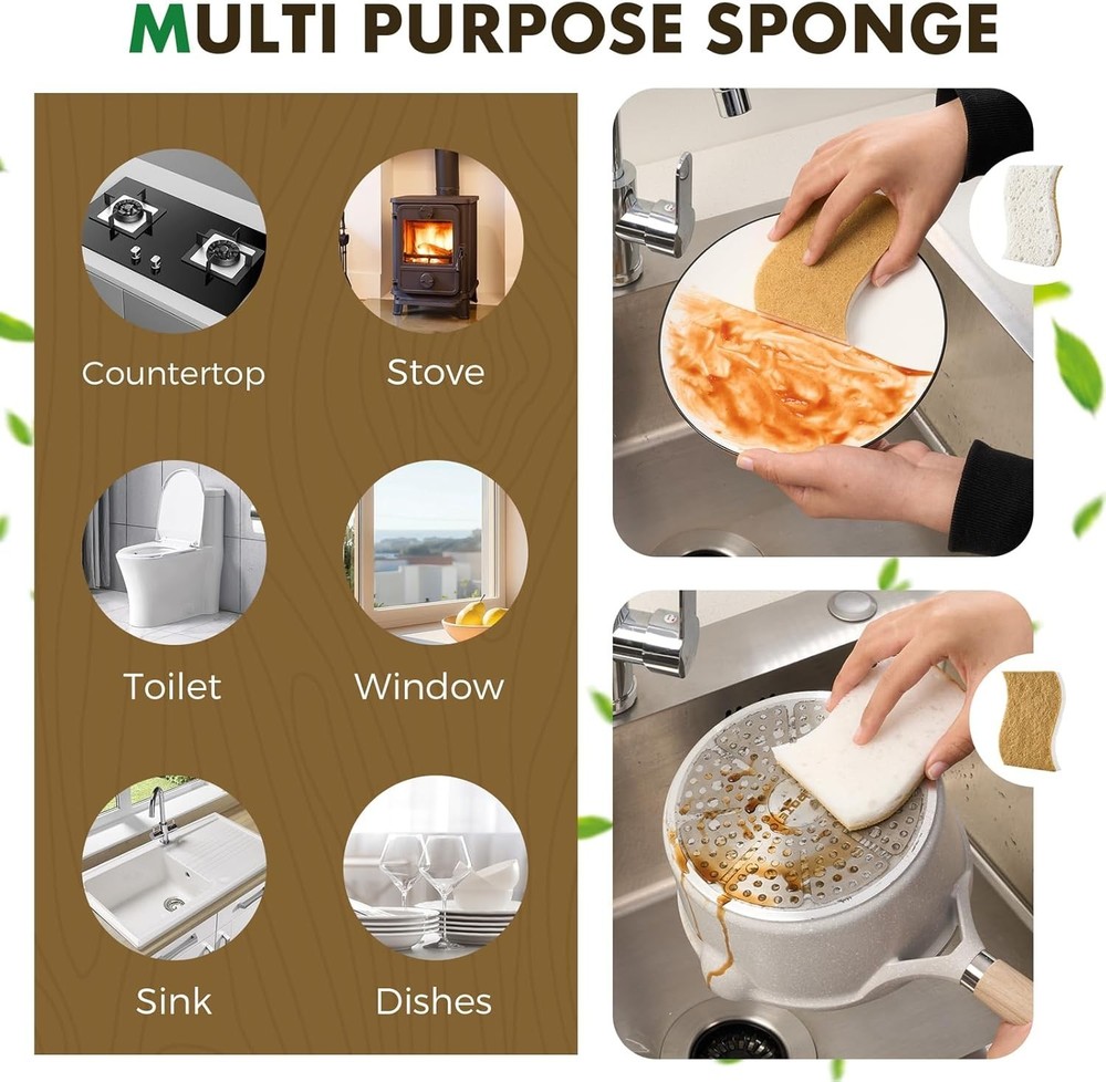 12 Pack Biodegradable Kitchen Sponges Non-Scratch Plant-Based Coconut Cellulose