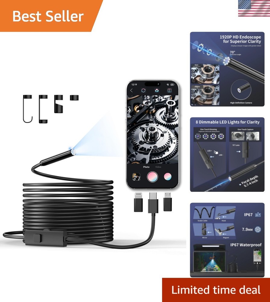 Multi-Compatible Endoscope Camera - 1920P HD Vision with 16.4ft Semi-Rigid Cable