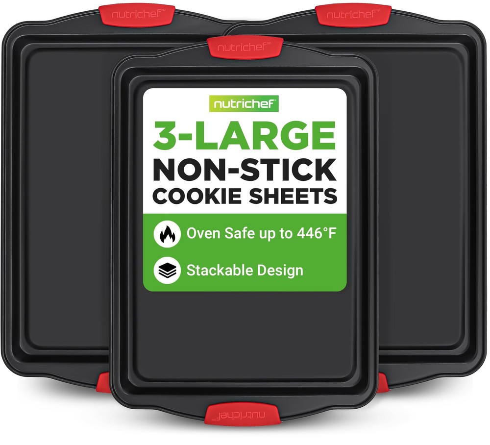 NutriChef 3-Pc Large Nonstick Cookie Sheets Set for Baking w/ Silicone Handles