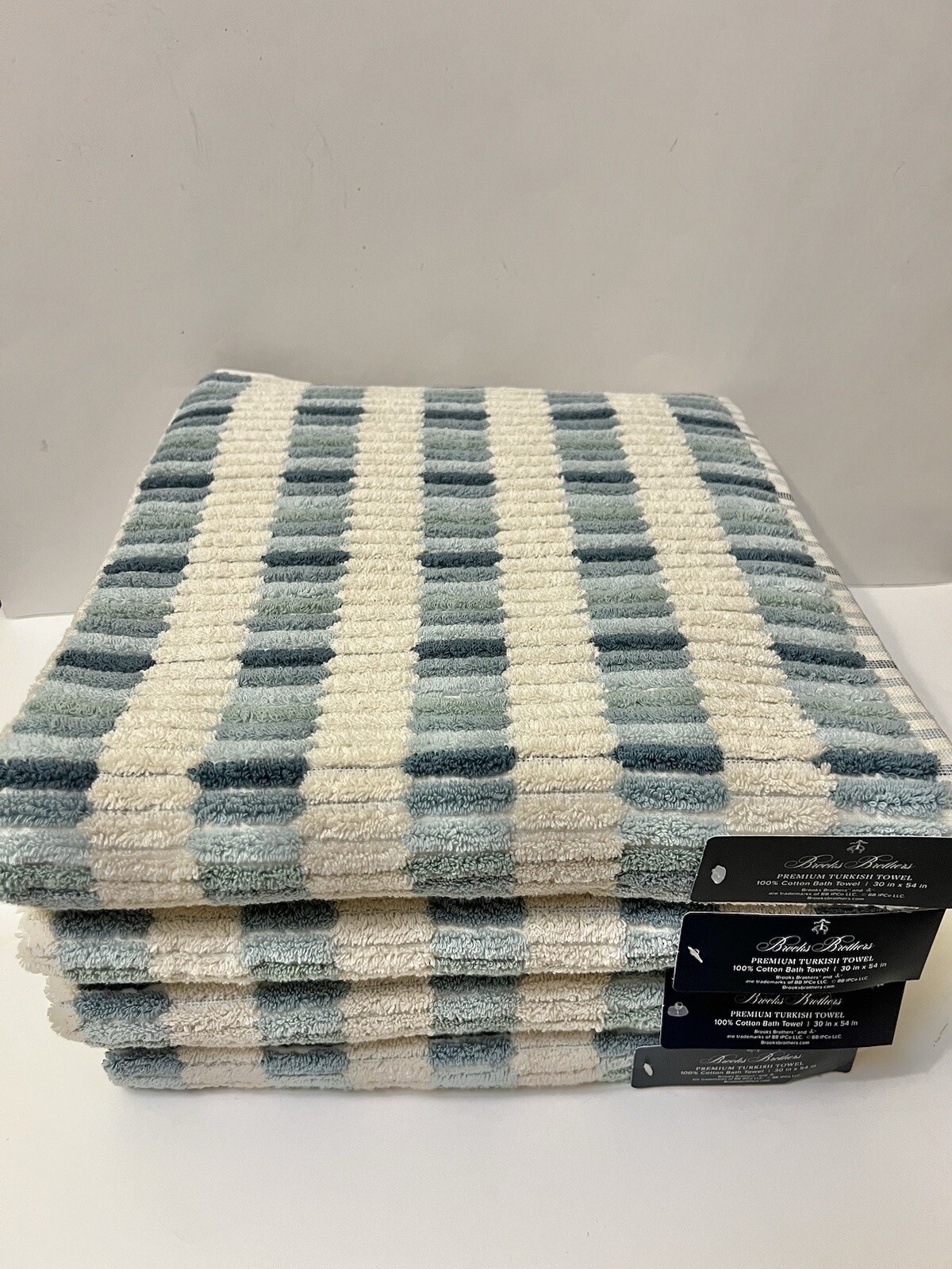 Brooks Brothers Set Of 4 Premium Turkish Bath Towels Tiles Ocean Blue Ecru NWT