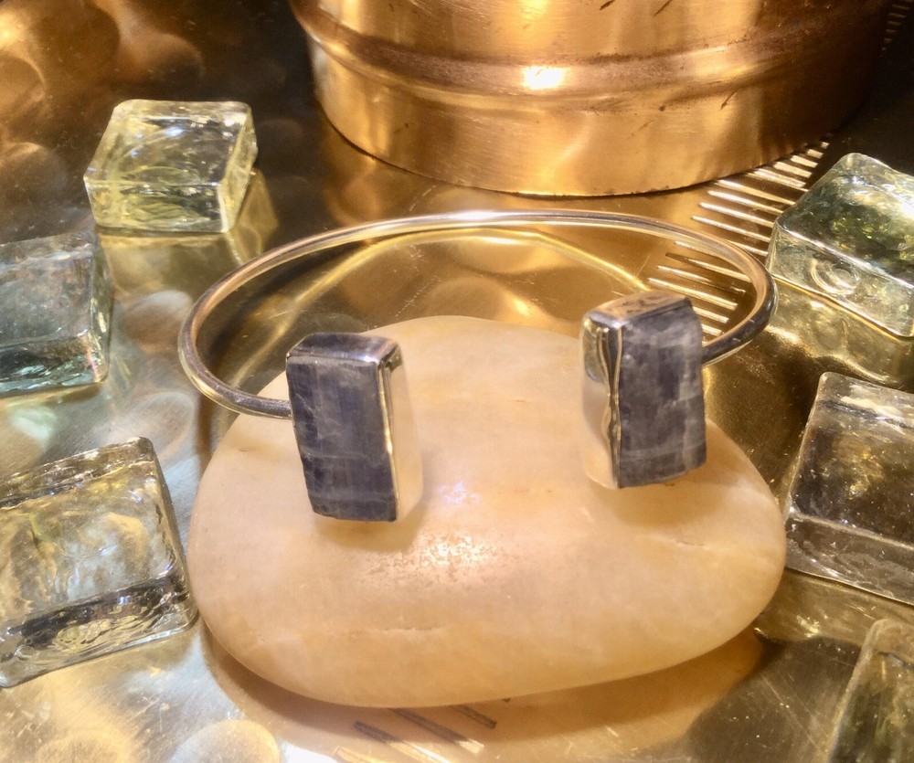 Genuine 925 Sterling Silver Natural Blue Kyanite Raw Gemstone Bangle