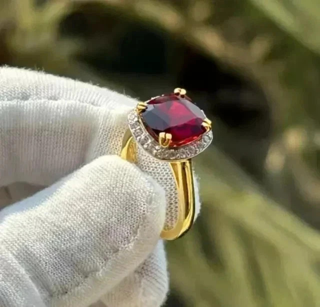 2.18 Ct Cushion Cut Ruby &Diamond Wedding Engagement Ring 14K Solid Yellow Gold