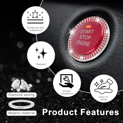 Car Engine Start Stop Decoration Ring, Crystal Double Rhinestone, Bling Red
