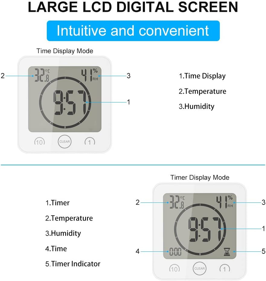 Shower Wall Clock, Digital Kitchen Timer with Alarm, Waterproof Touch Screen Tim