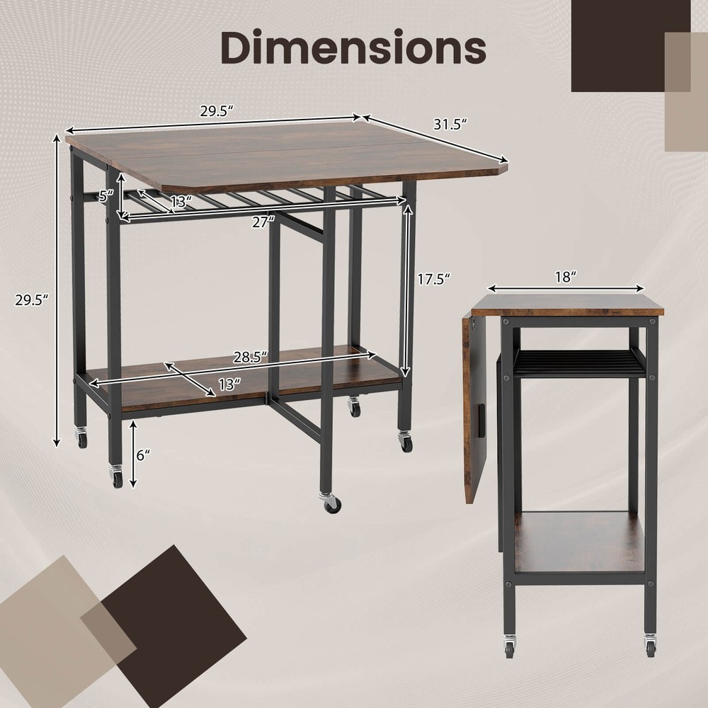Folding Dining Table Movable Kitchen Table with Wine Rack Storage Shelf & Wheels
