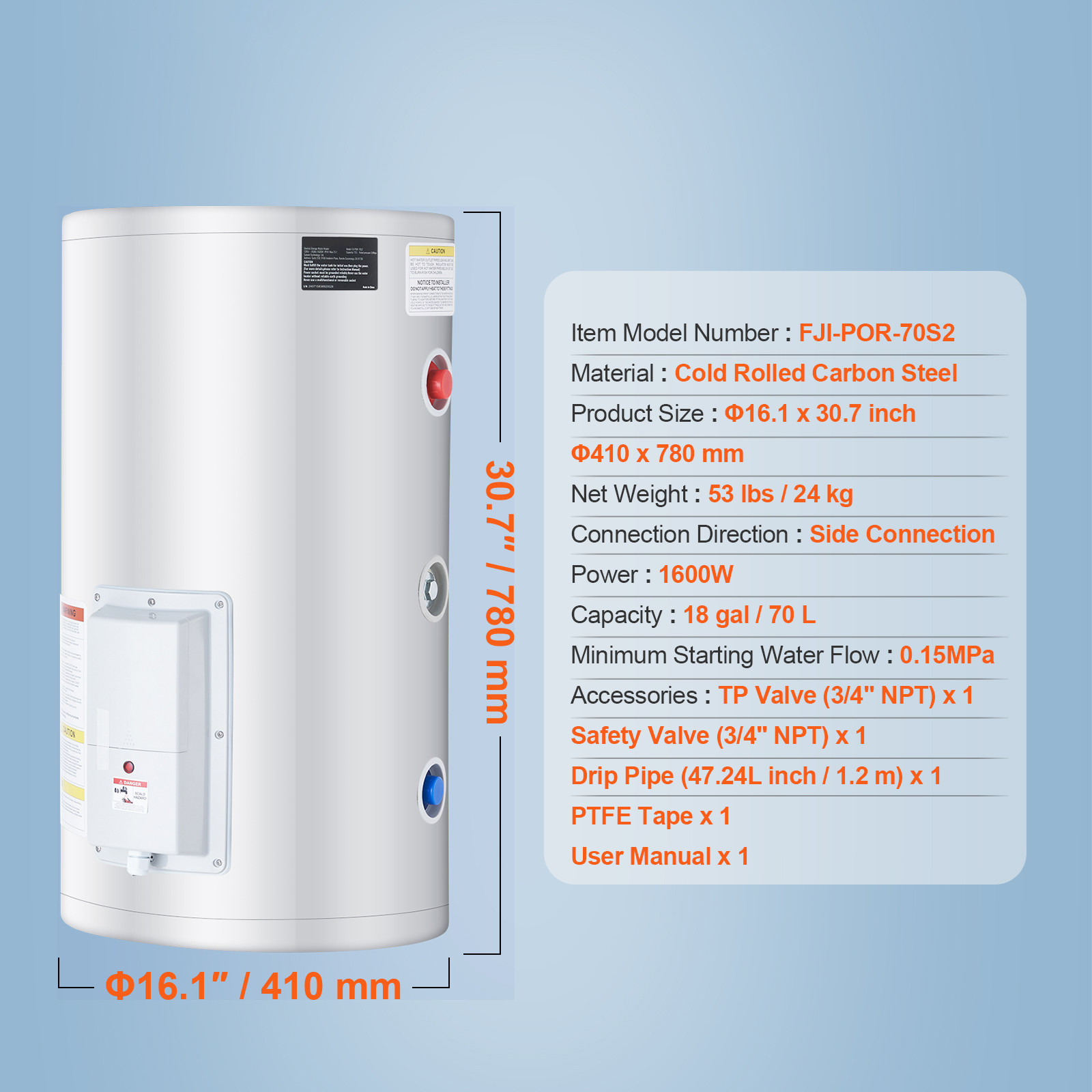 18 Gallon Electric Water Heater Instant Hot 1.6Kw LED Display for Shower