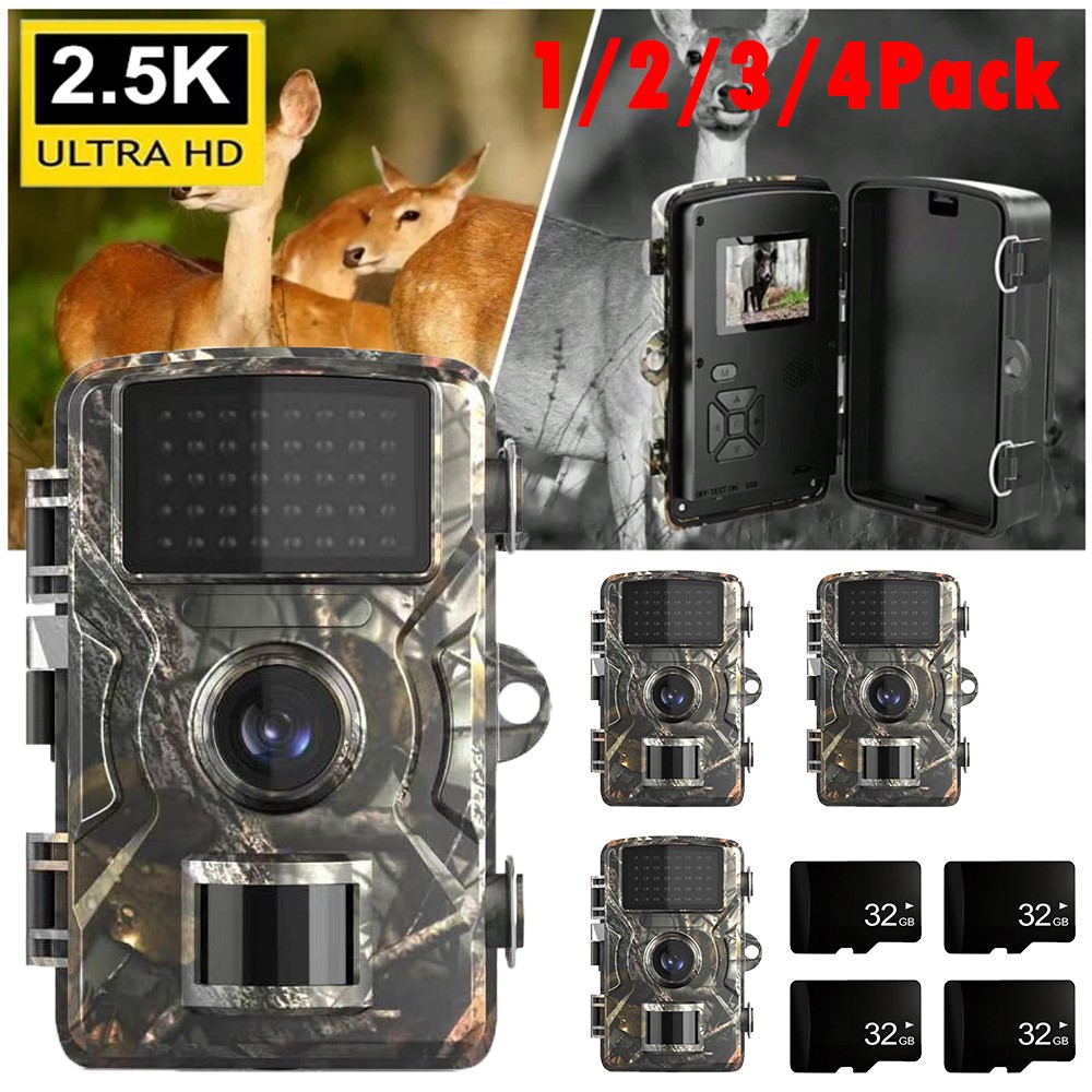 1-4PKS Hunting Trail Camera 1440P Wildlife Waterproof Cam Night Vision 32GB Card