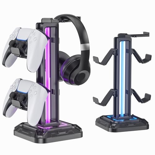 RGB Headset Stand with 9 Light Modes - Controller Holder for Desk - Black