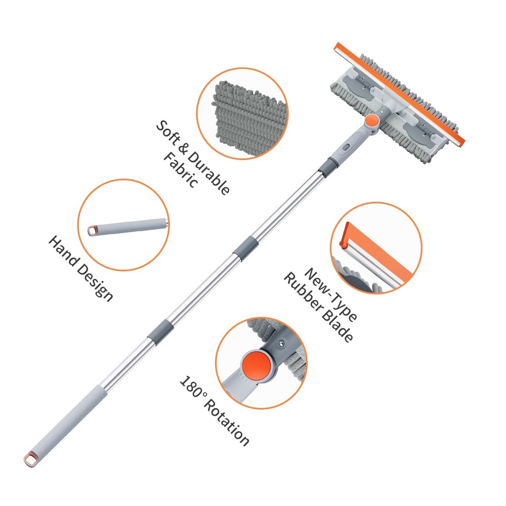 6.4FT Extendable 2-in-1 Window Squeegee & Scrubber with Long Handle, 180° A