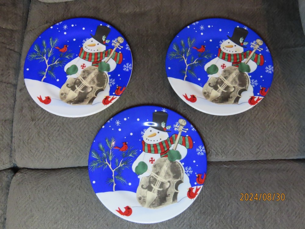 Set (6) Studio 33 7 Inch Snowman Dessert Plates and Mugs - 3 Diff Patterns