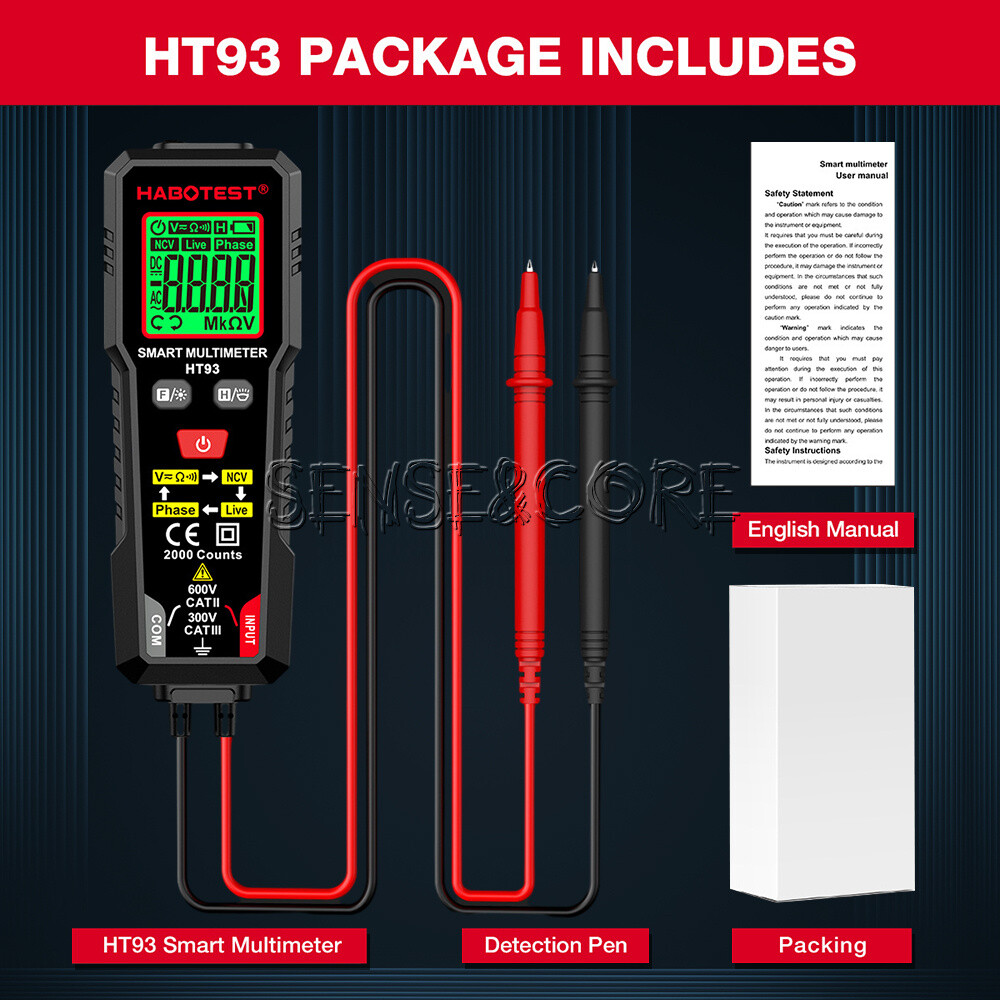 HT93 Digital Multimeter Smart Meter 2000 Counts AC Voltage NCV Tester Car Range-