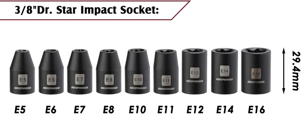 MIXPOWER 3/8" Drive Master Hex Bit Impact Socket Set, Black