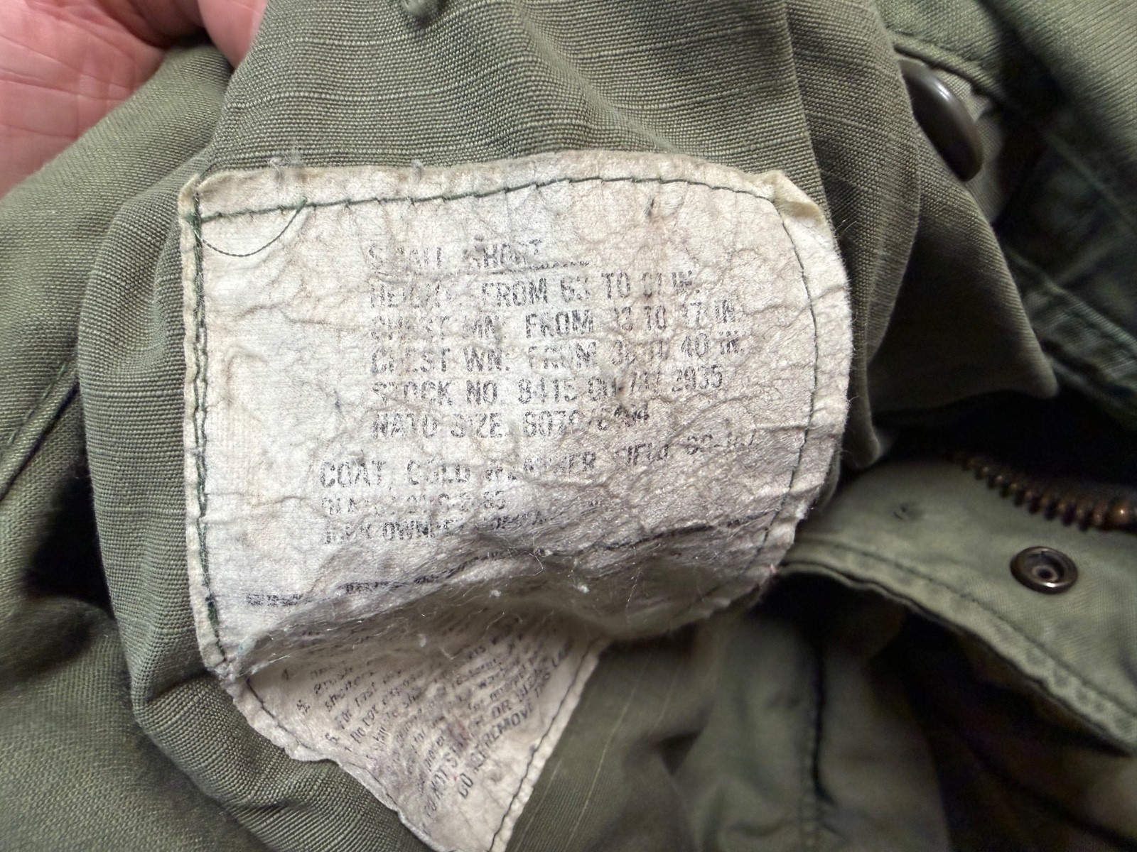 ORIGINAL VIETNAM WAR US ARMY OG-107 COLD WEATHER PARKA-SMALL SHORT