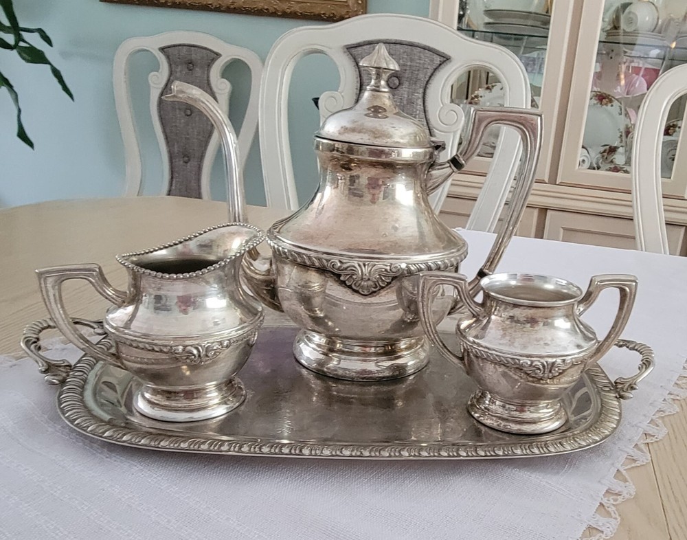 Vintage Silver on Cooper absolutely lovely Coffee/Teapot set & tray (no mark)