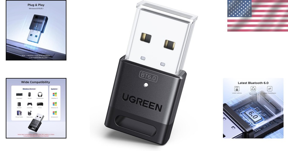 UGREEN USB Bluetooth Adapter for PC, Bluetooth 6.0 Dongle Receiver EDR & BLE, Pl